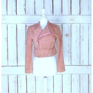 Vintage 90s peach pink quilted suede leather motorcycle bomber jacket